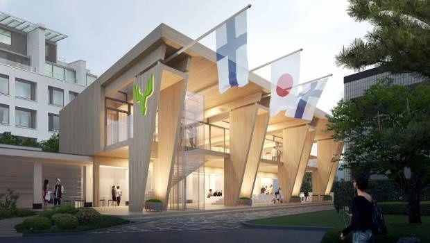 Un pavillon Metsä en bois en construction pour les JO 2020 de Tokyo