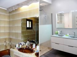 Une salle de bains démodée rénovée du sol au plafond