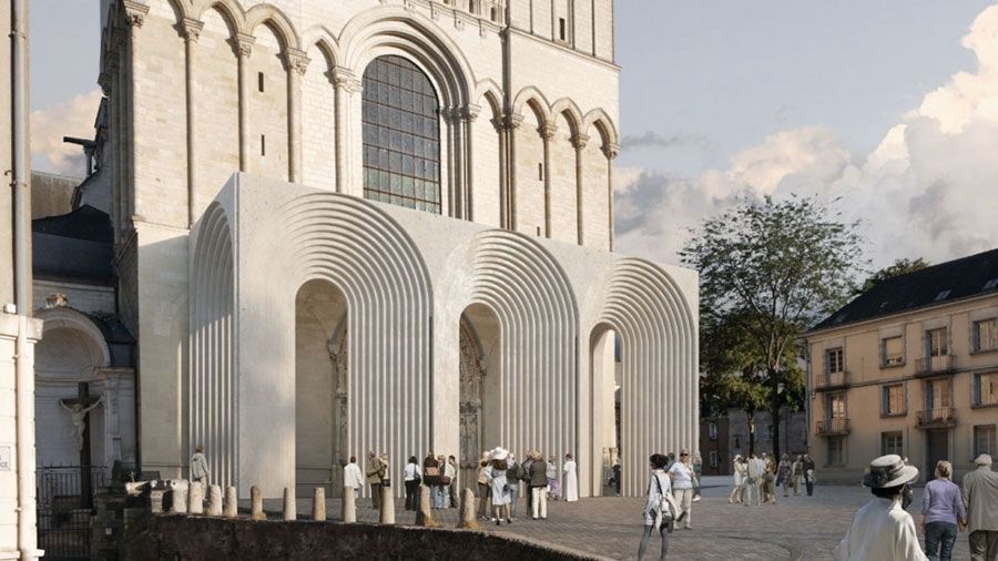 Le portail polychrome de la cathédrale d’Angers protégé par une galerie signée Kengo Kuma