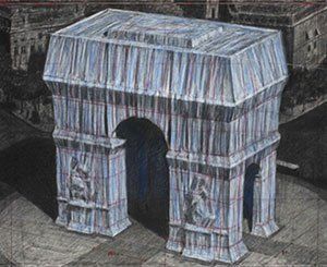 Premier "déroulé de tissu" pour l'empaquetage de l'Arc de Triomphe, œuvre posthume de Christo